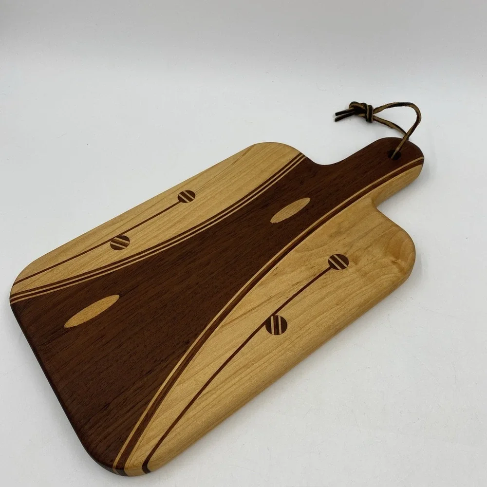 Handmade Wood Charcuterie Board Walnut Cherry Maple Small Round Inlay Cabin 6x9